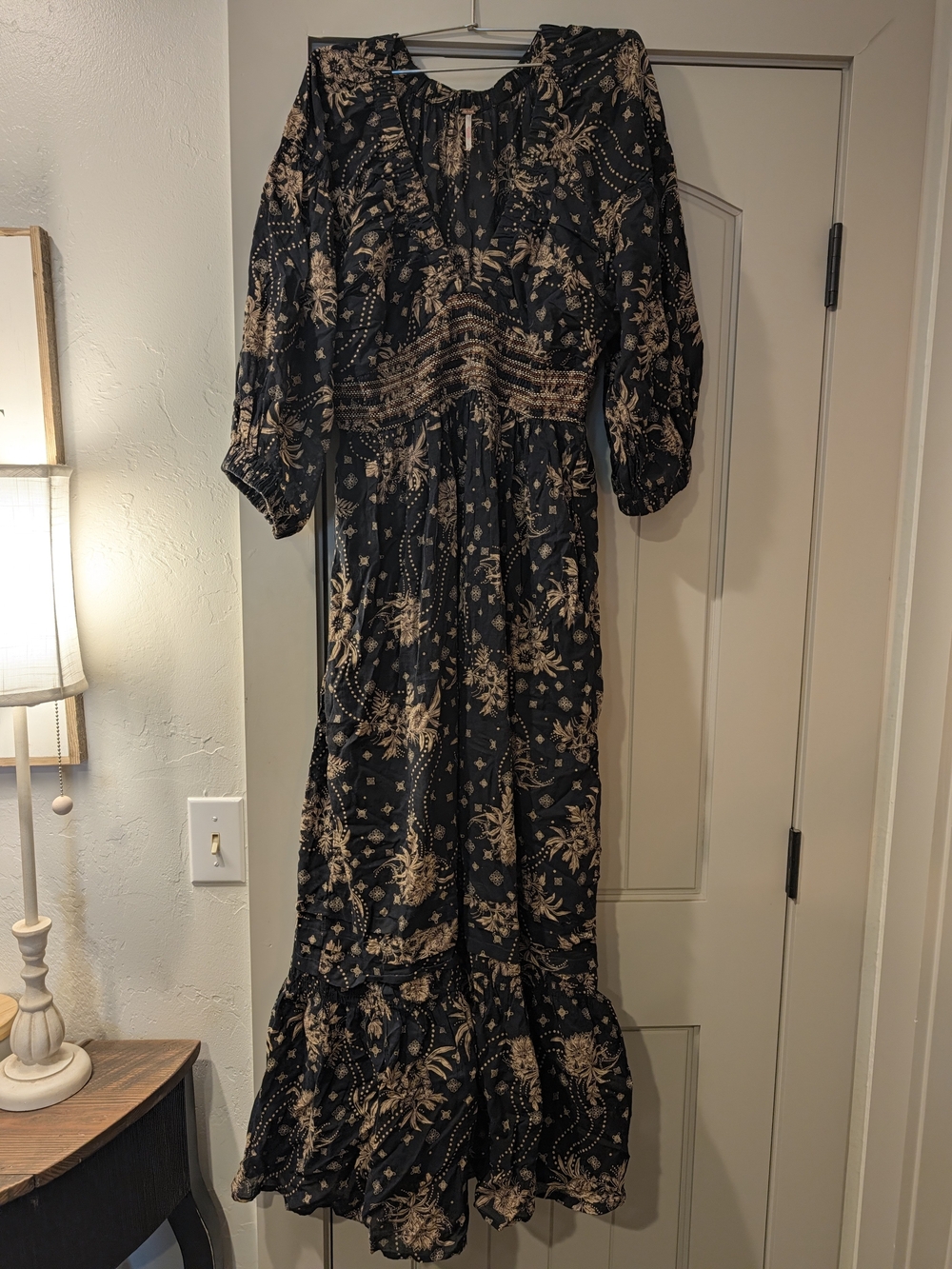 Women's Black Floral Maxi Dress with Beige Print